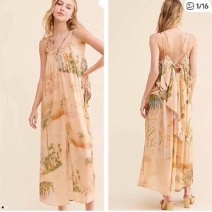 Anthropologie Cream and Green Maxi Dress